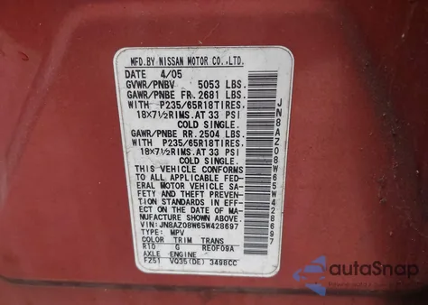 2005 Nissan Murano Se z USA, uszkodzony, nr VIN JN8AZ08W65W428697